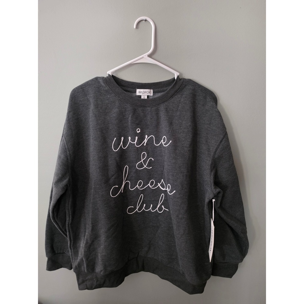 Wildfox Wine & Cheese Club Sweatshirt Charcoal Grey Embroidered Crewneck Large